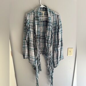 Matilda Jane Women’s Long Sleeve Plaid Open Front Cardigan Jacket Fringe SZ XS